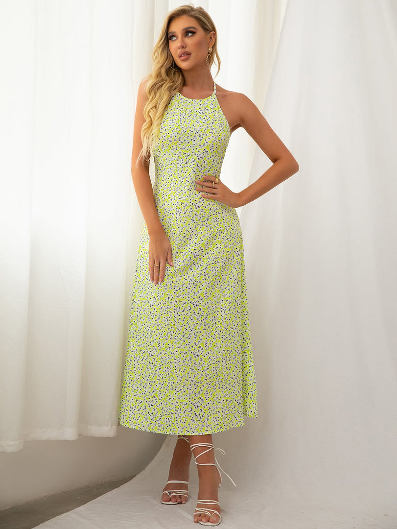 Halter Floral Backless Midi Dress | Wedding Guest Dress, Vacation Dress
