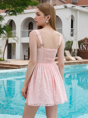Jacquard Chiffon Embellished Button Backless Mini Dress | Vacation Dress