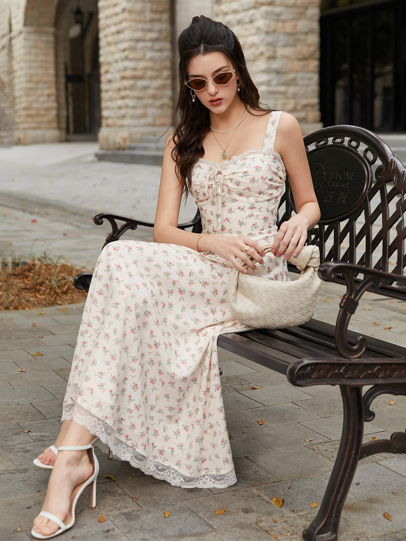 Lace Spliced Tie Front Floral Print Maxi Dress | Wedding Guest Dress, Vacation Dress