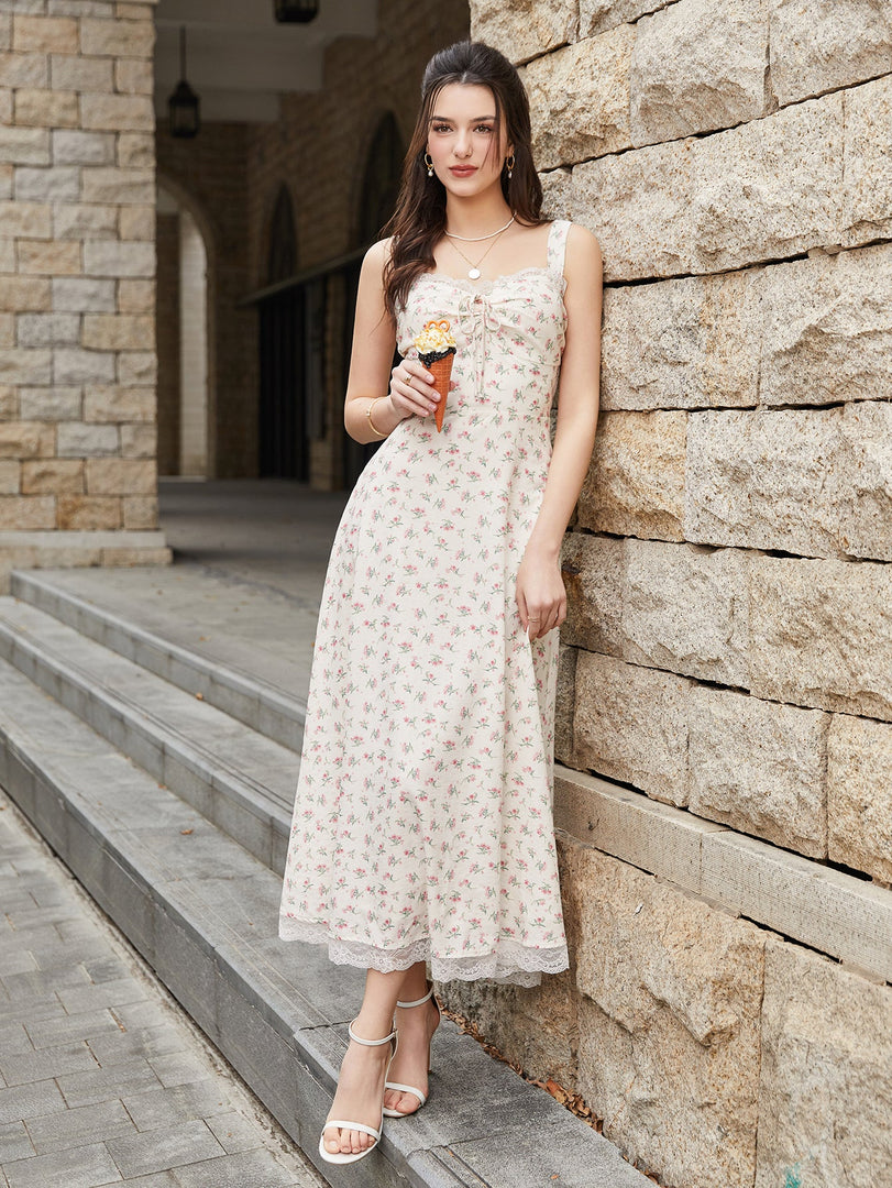 Lace Spliced Tie Front Floral Print Maxi Dress | Wedding Guest Dress, Vacation Dress