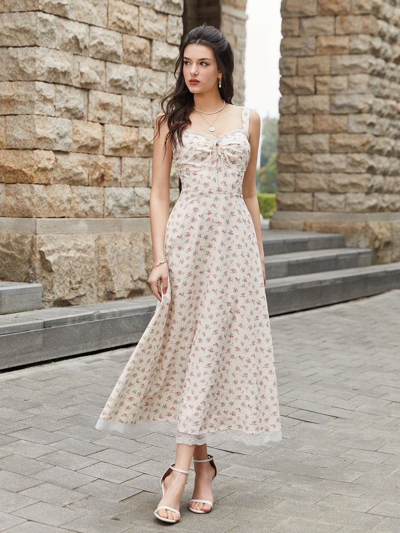 Lace Spliced Tie Front Floral Print Maxi Dress | Wedding Guest Dress, Vacation Dress