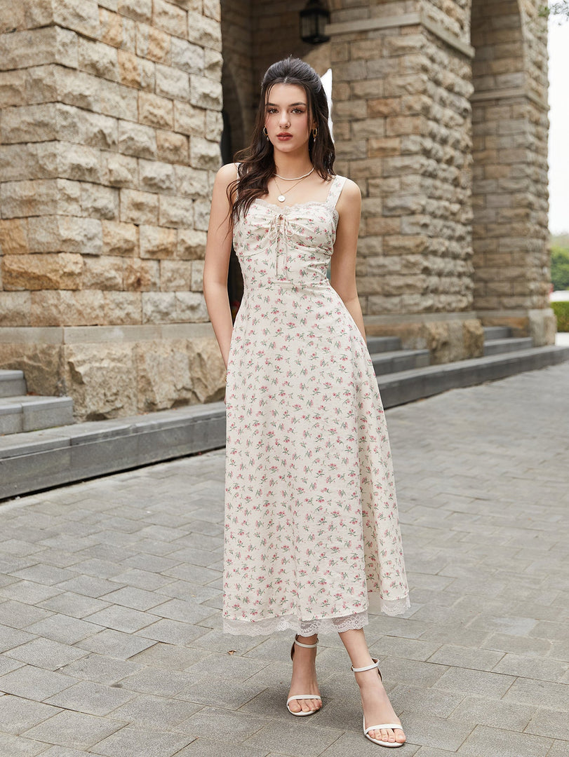 Lace Spliced Tie Front Floral Print Maxi Dress | Wedding Guest Dress, Vacation Dress