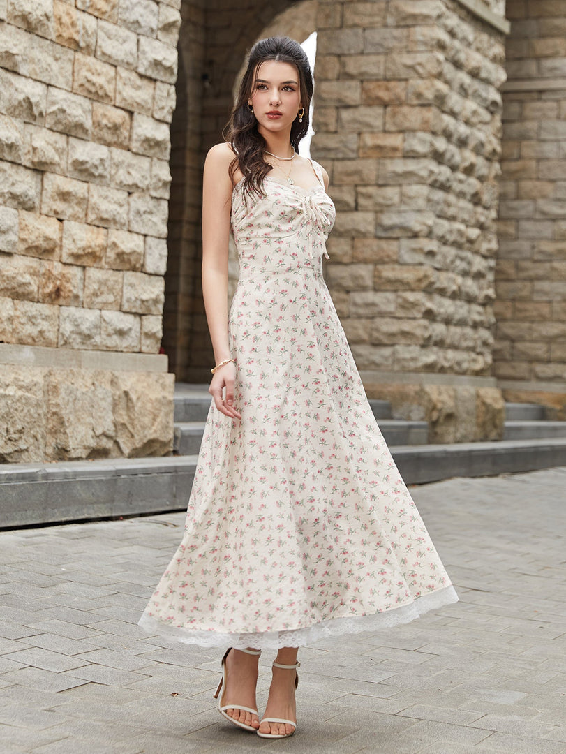 Lace Spliced Tie Front Floral Print Maxi Dress | Wedding Guest Dress, Vacation Dress