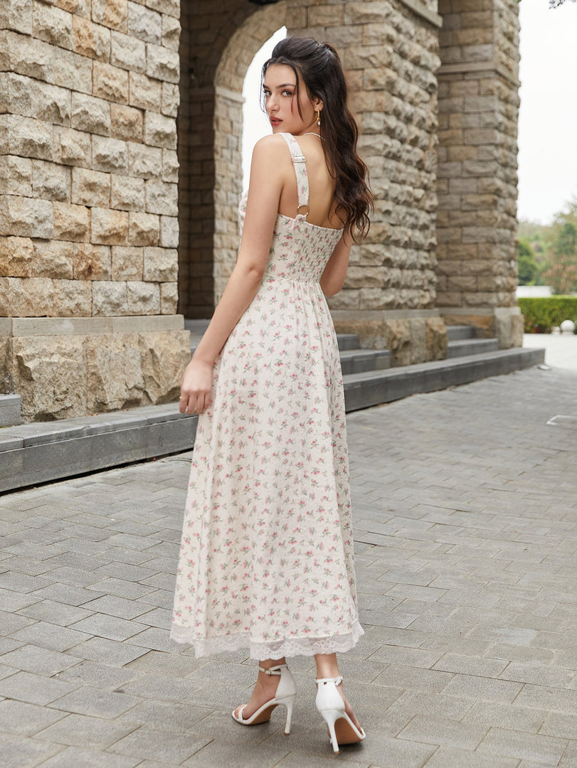 Lace Spliced Tie Front Floral Print Maxi Dress | Wedding Guest Dress, Vacation Dress
