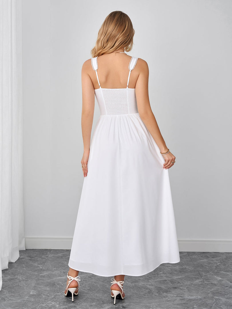 Lace Trim Backless Ruched Solid Maxi Dress | Bridesmaid Dress