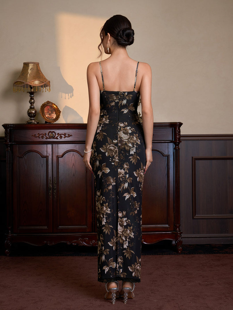 Lace Trim Corset Floral Print Mesh Dress | Wedding Guest Dress, Vacation Dress
