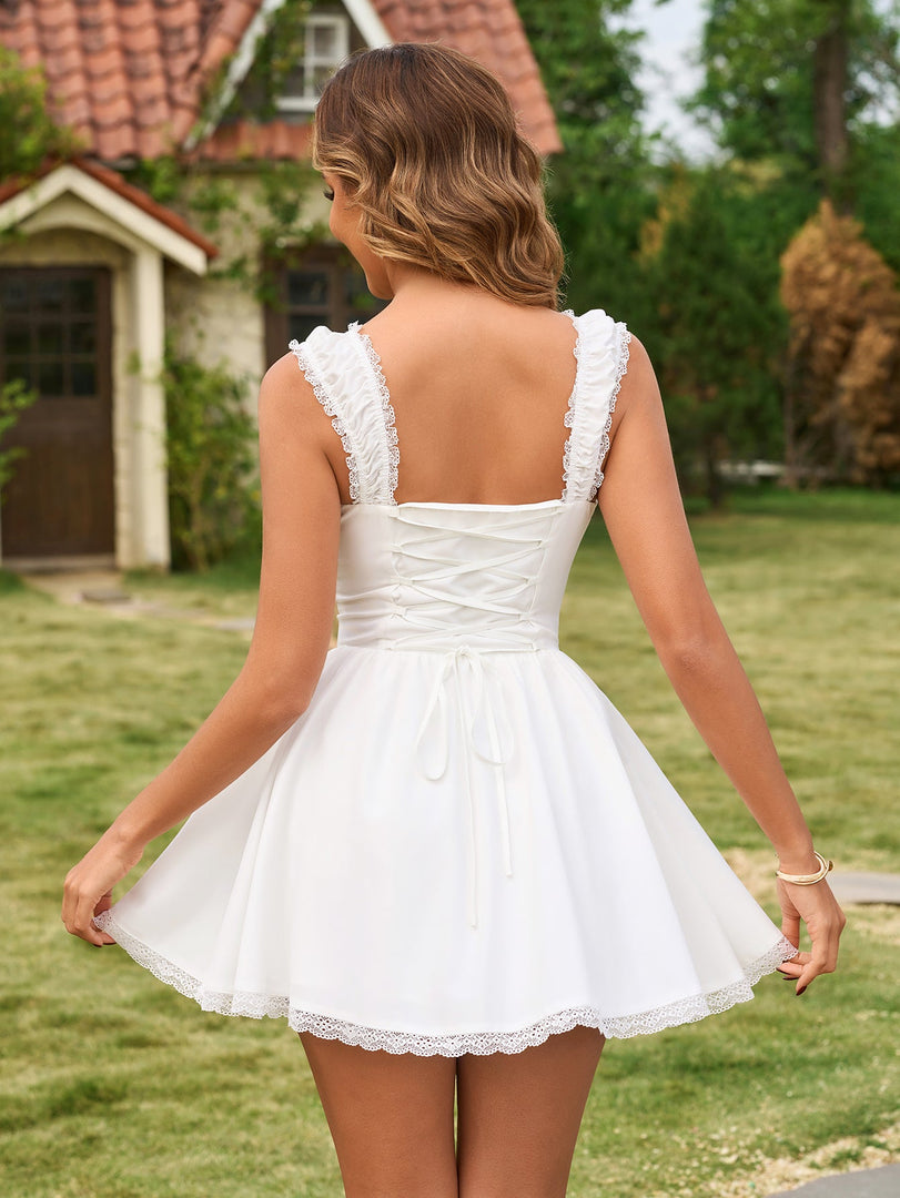 Lace Trim Crisscross Back Ruched Mini Dress | Homecoming Dress
