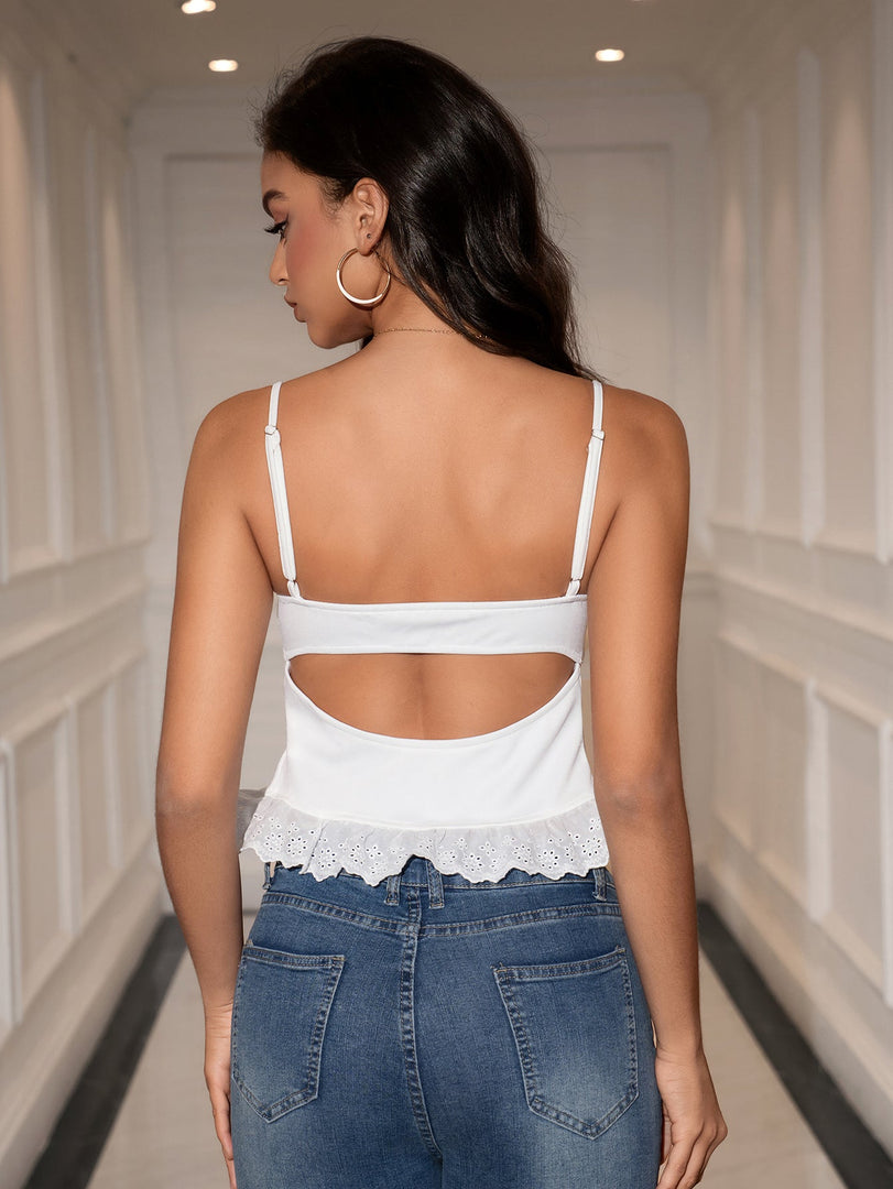 Lace Trim Cut Out Backless Crop Top | Formal Event Top