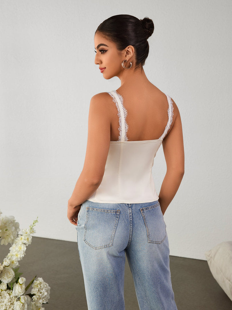 Lace Trim Cut Out Tie Front Slit Hem Top | Formal Event Top