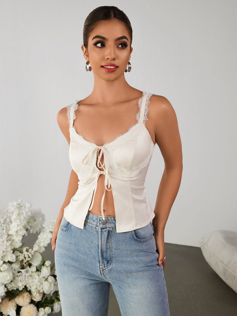 Lace Trim Cut Out Tie Front Slit Hem Top | Formal Event Top
