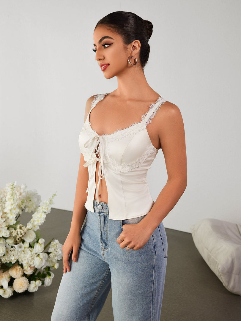 Lace Trim Cut Out Tie Front Slit Hem Top | Formal Event Top