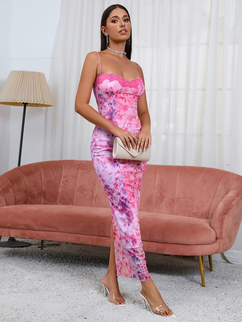 Lace Trim Floral Tie Back Bodycon Dress | Wedding Guest Dress, Vacation Dress