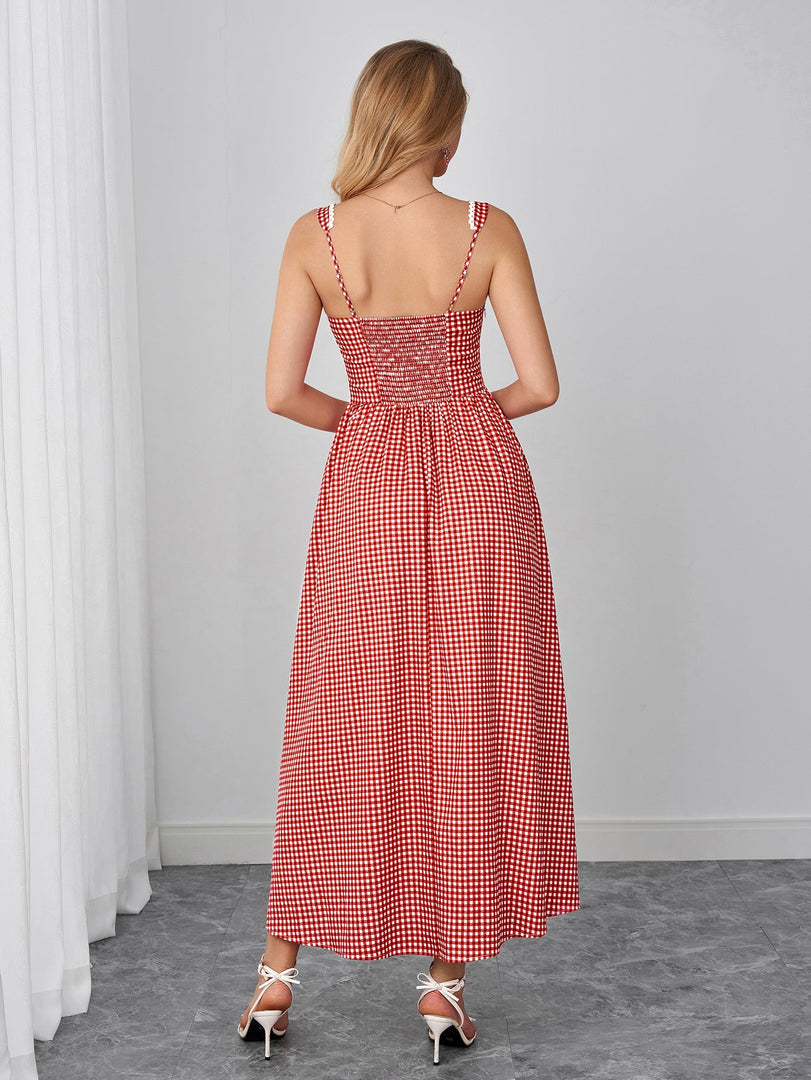 Lace Trim Pocket Plaid Print Maxi Dress | Wedding Guest Dress, Vacation Dress