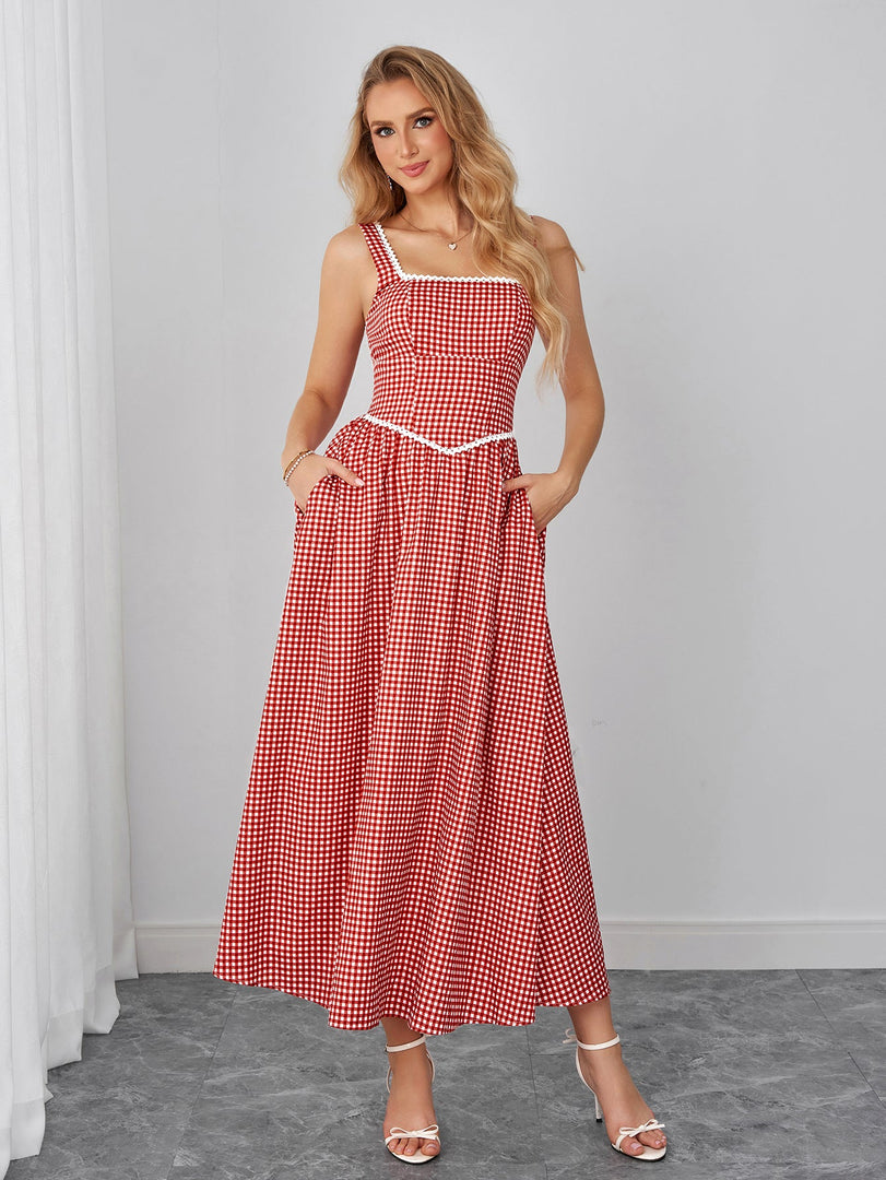 Lace Trim Pocket Plaid Print Maxi Dress | Wedding Guest Dress, Vacation Dress