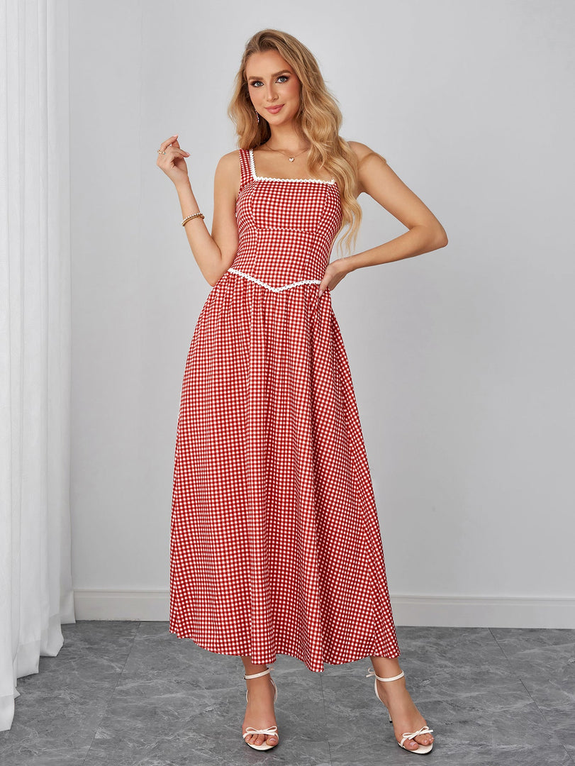 Lace Trim Pocket Plaid Print Maxi Dress | Wedding Guest Dress, Vacation Dress