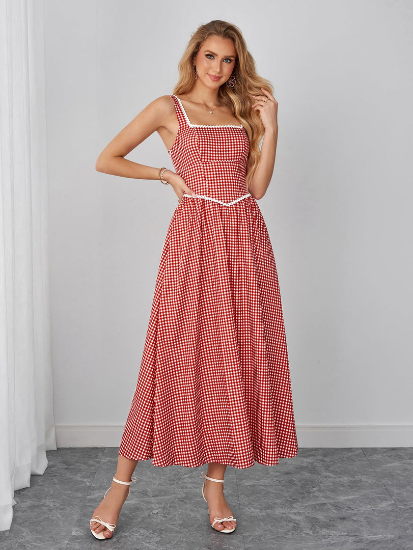 Lace Trim Pocket Plaid Print Maxi Dress | Wedding Guest Dress, Vacation Dress