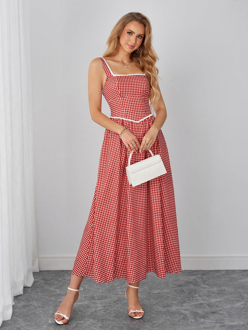 Lace Trim Pocket Plaid Print Maxi Dress | Wedding Guest Dress, Vacation Dress