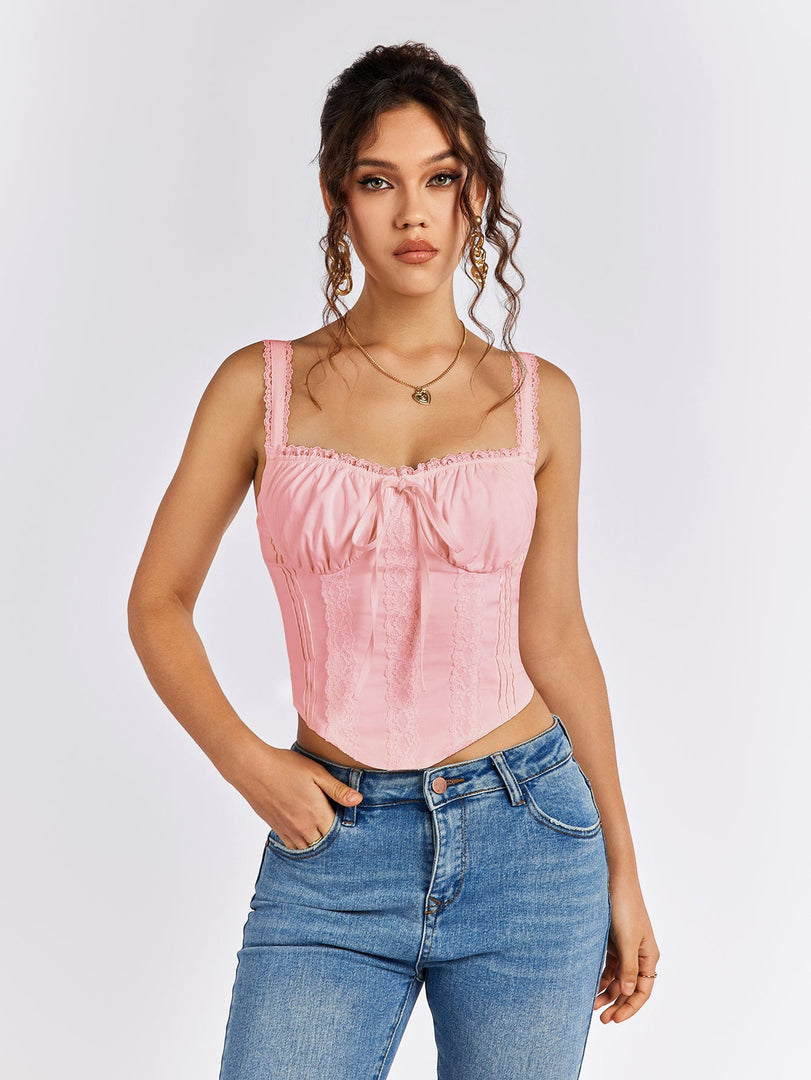 Lace Trim Ruched Bust Tie Front Tank Top | Formal Event Top