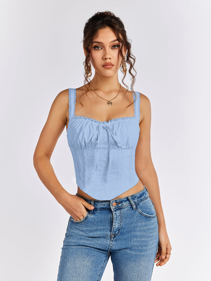 Lace Trim Ruched Bust Tie Front Tank Top | Formal Event Top