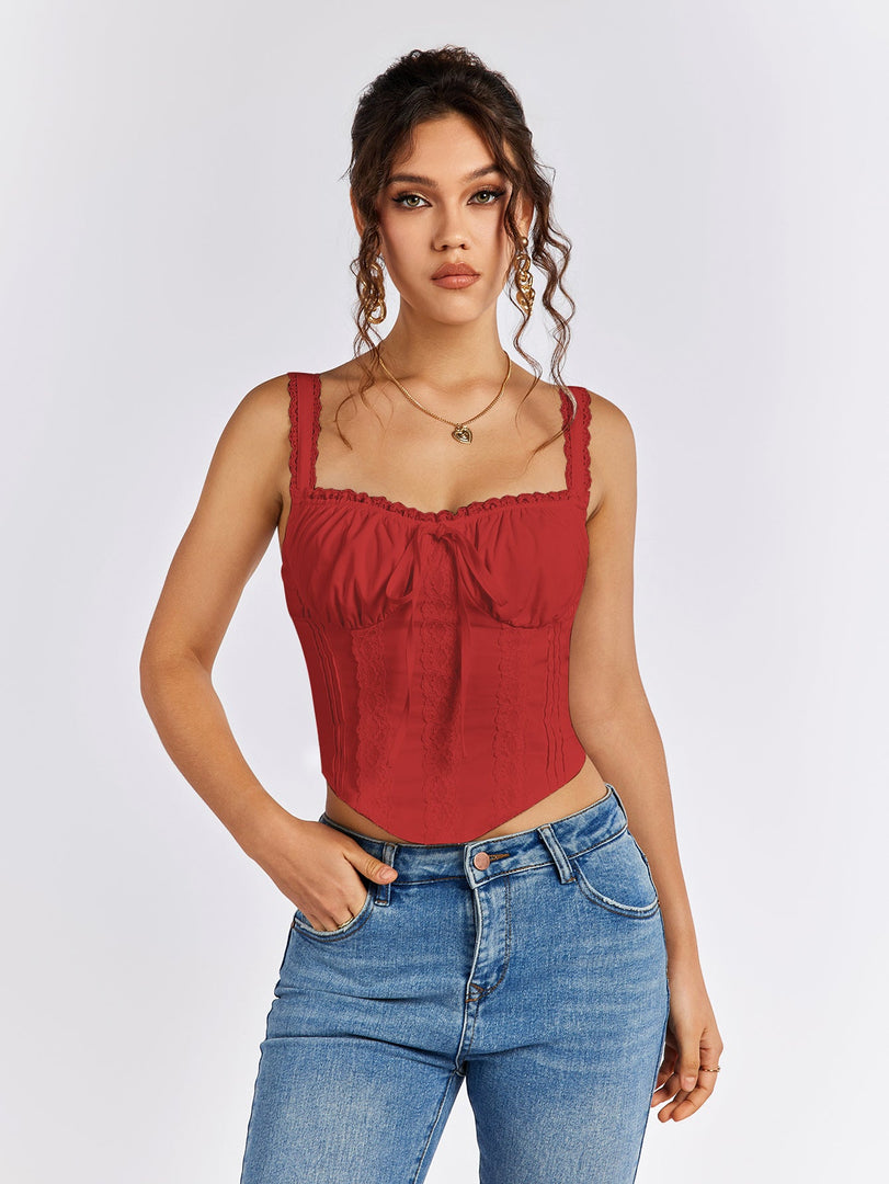 Lace Trim Ruched Bust Tie Front Tank Top | Formal Event Top