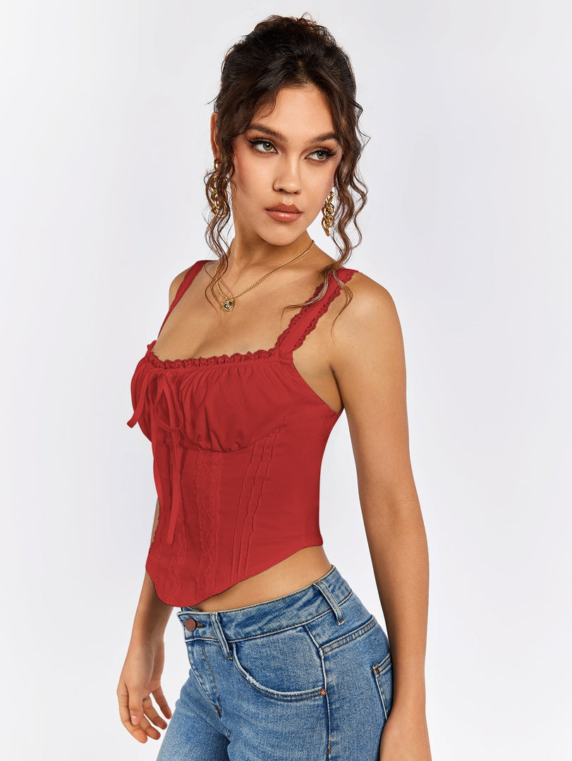 Lace Trim Ruched Bust Tie Front Tank Top | Formal Event Top