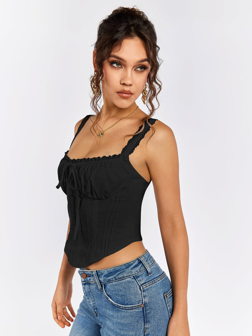 Lace Trim Ruched Bust Tie Front Tank Top | Formal Event Top