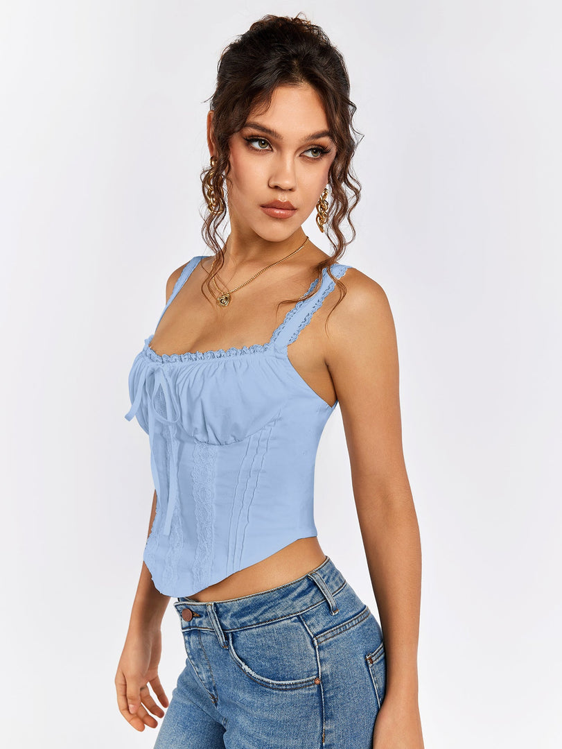 Lace Trim Ruched Bust Tie Front Tank Top | Formal Event Top