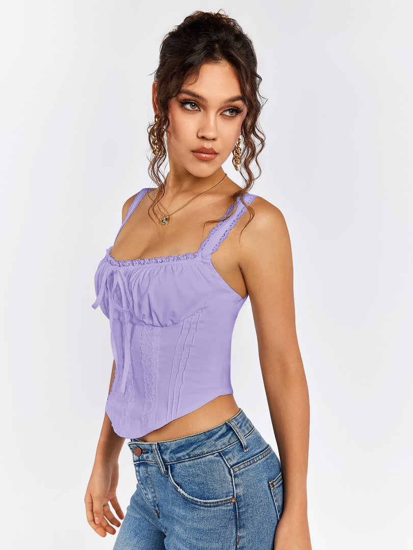 Lace Trim Ruched Bust Tie Front Tank Top | Formal Event Top