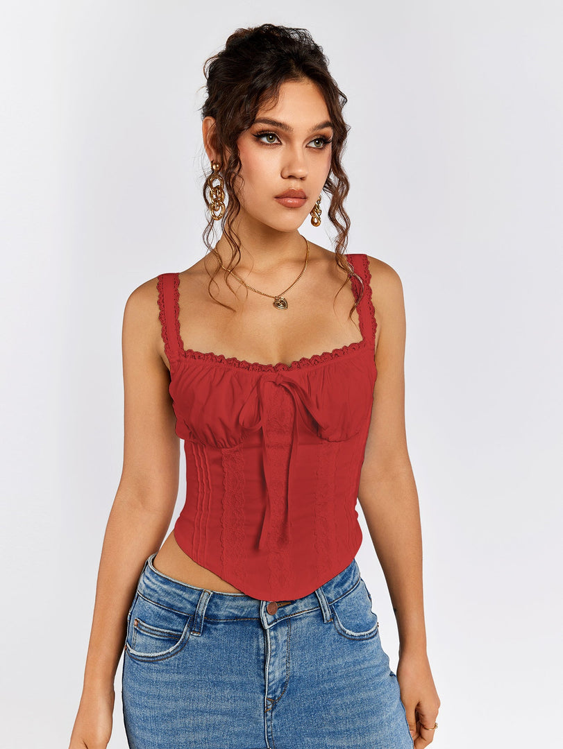 Lace Trim Ruched Bust Tie Front Tank Top | Formal Event Top