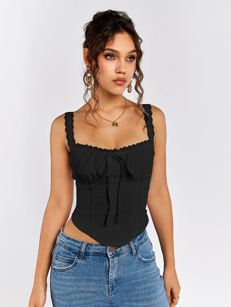 Lace Trim Ruched Bust Tie Front Tank Top | Formal Event Top
