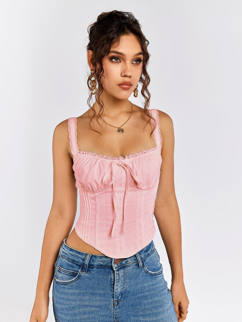 Lace Trim Ruched Bust Tie Front Tank Top | Formal Event Top
