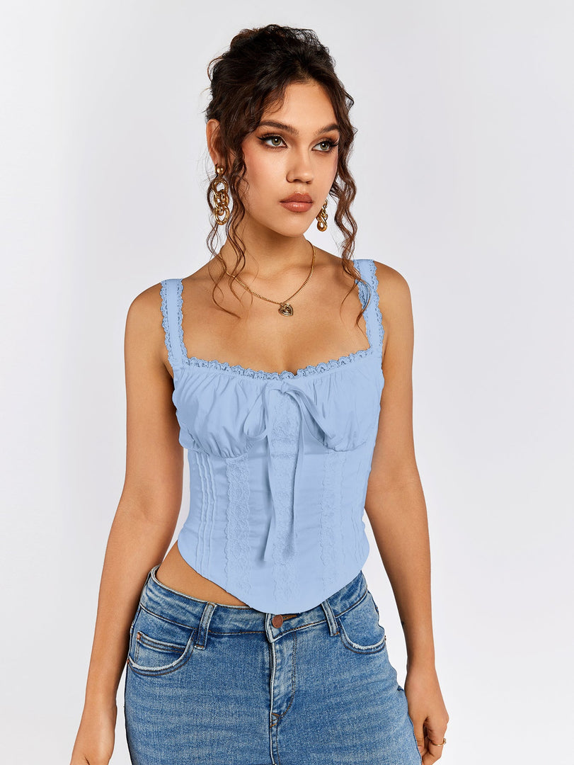Lace Trim Ruched Bust Tie Front Tank Top | Formal Event Top