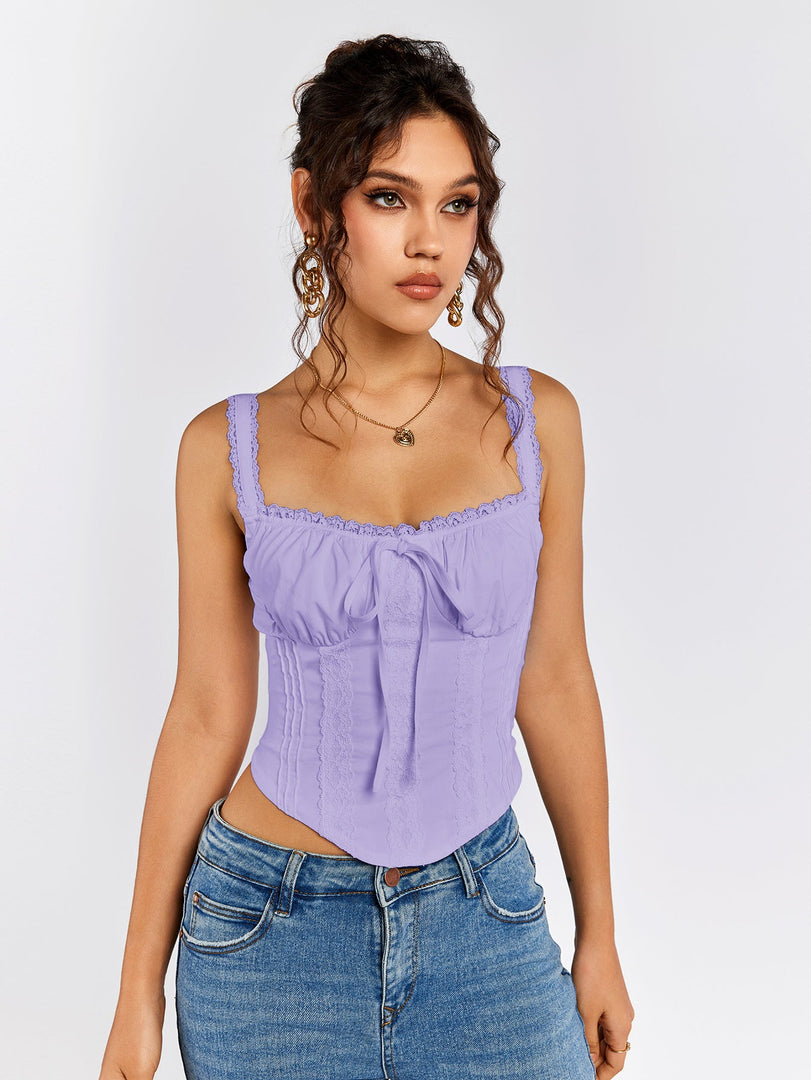 Lace Trim Ruched Bust Tie Front Tank Top | Formal Event Top