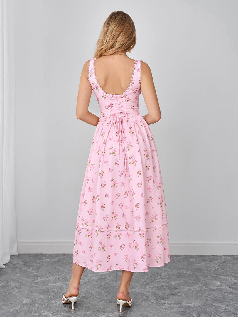 Lace Trim Ruched Crisscross Back Floral Print Dress | Wedding Guest Dress, Vacation Dress