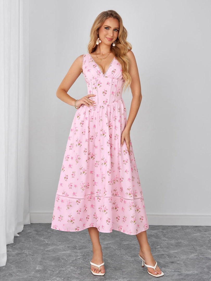 Lace Trim Ruched Crisscross Back Floral Print Dress | Wedding Guest Dress, Vacation Dress