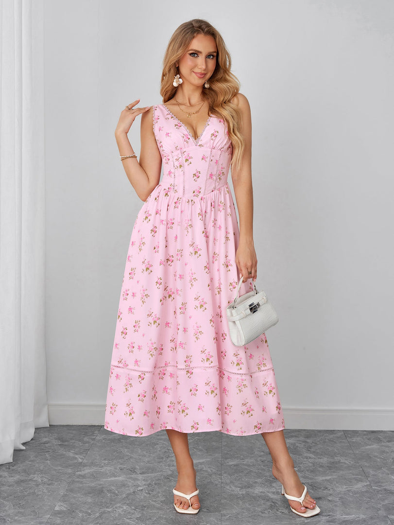 Lace Trim Ruched Crisscross Back Floral Print Dress | Wedding Guest Dress, Vacation Dress