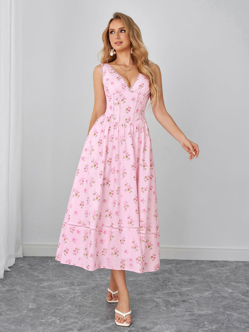 Lace Trim Ruched Crisscross Back Floral Print Dress | Wedding Guest Dress, Vacation Dress