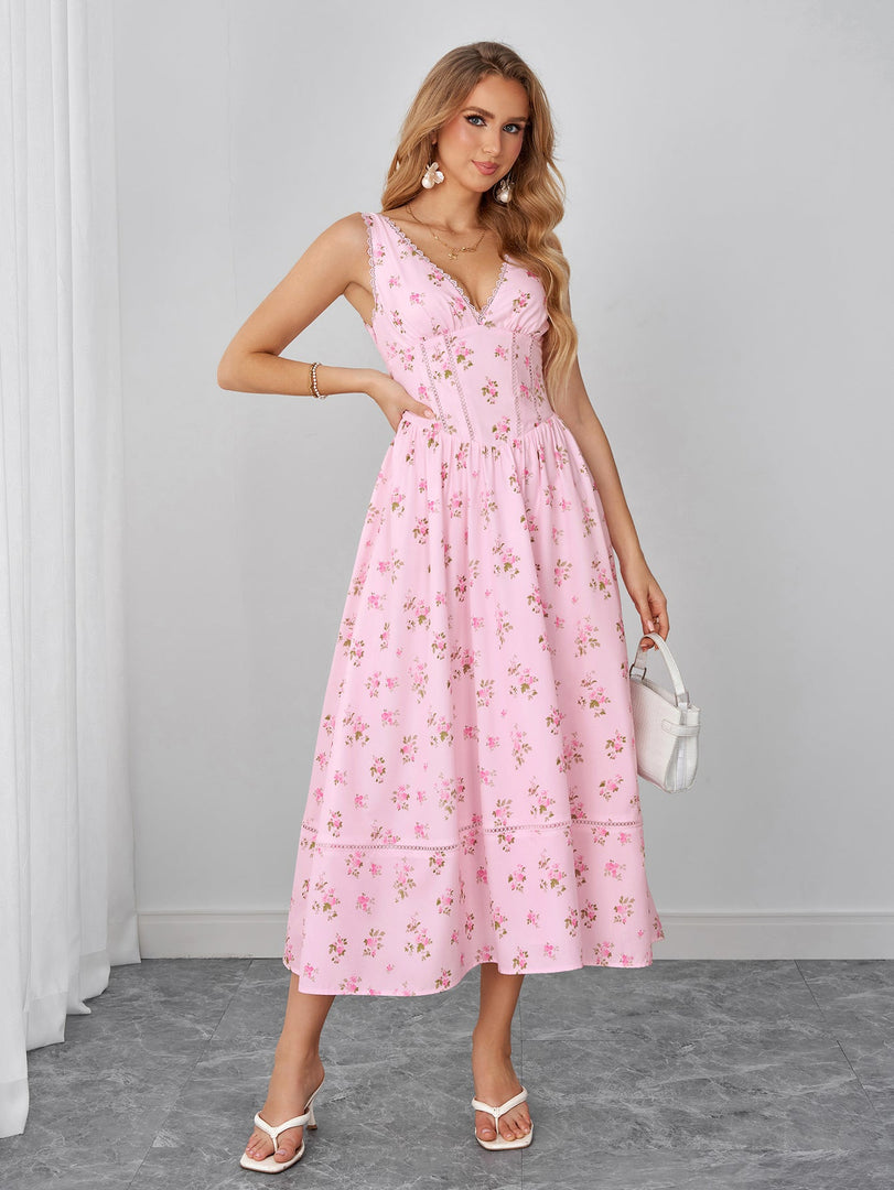 Lace Trim Ruched Crisscross Back Floral Print Dress | Wedding Guest Dress, Vacation Dress