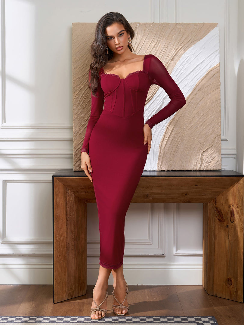 Lace Trim Split Back Zipper Mesh Dress | Wedding Guest Dress