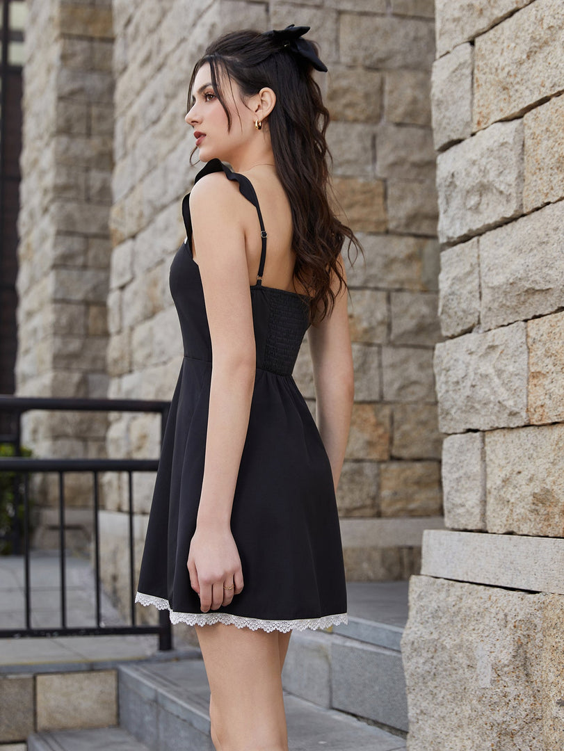 Lace Trim Square Neck Backless A-Line Dress | Wedding Guest Dress, Vacation Dress