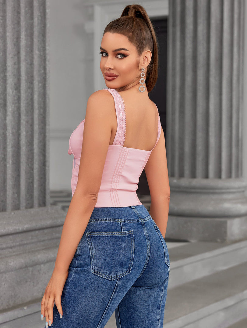 Lace Trim Tie Front Pleat Tank Top | Formal Event Top