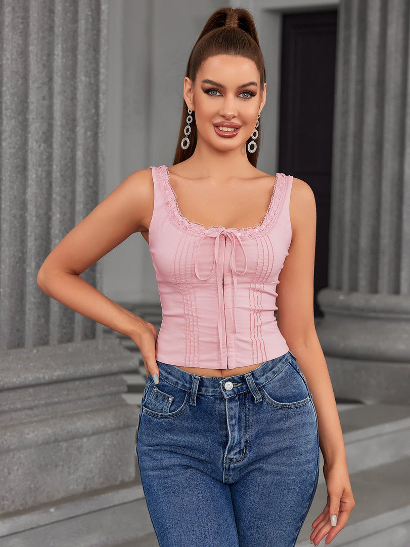 Lace Trim Tie Front Pleat Tank Top | Formal Event Top