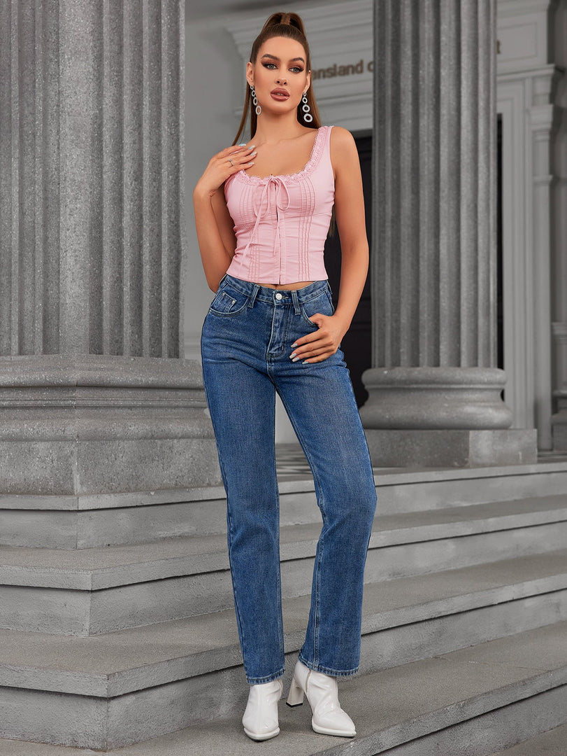 Lace Trim Tie Front Pleat Tank Top | Formal Event Top