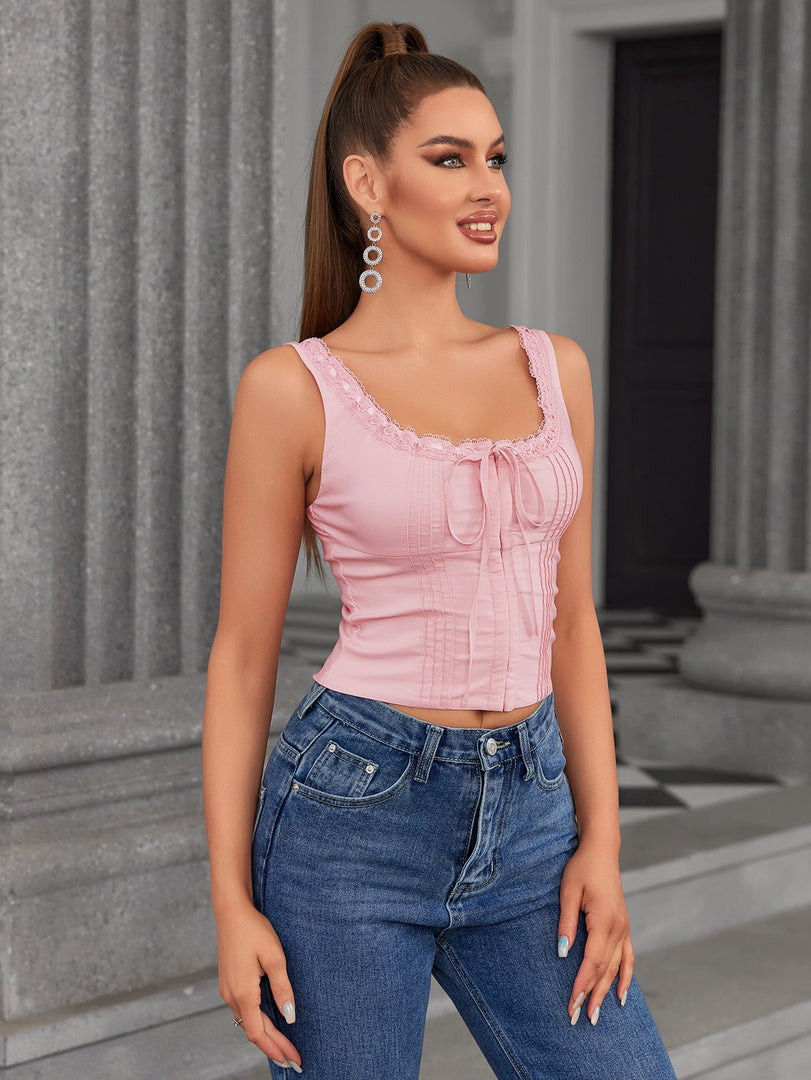 Lace Trim Tie Front Pleat Tank Top | Formal Event Top