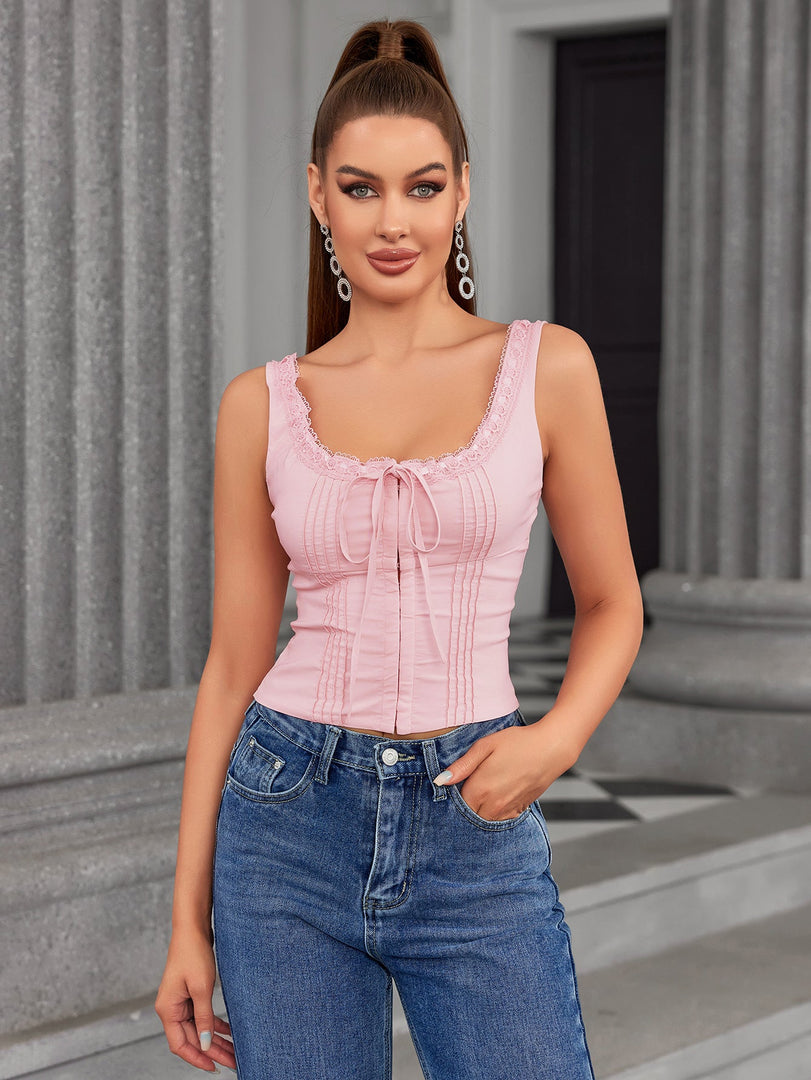 Lace Trim Tie Front Pleat Tank Top | Formal Event Top