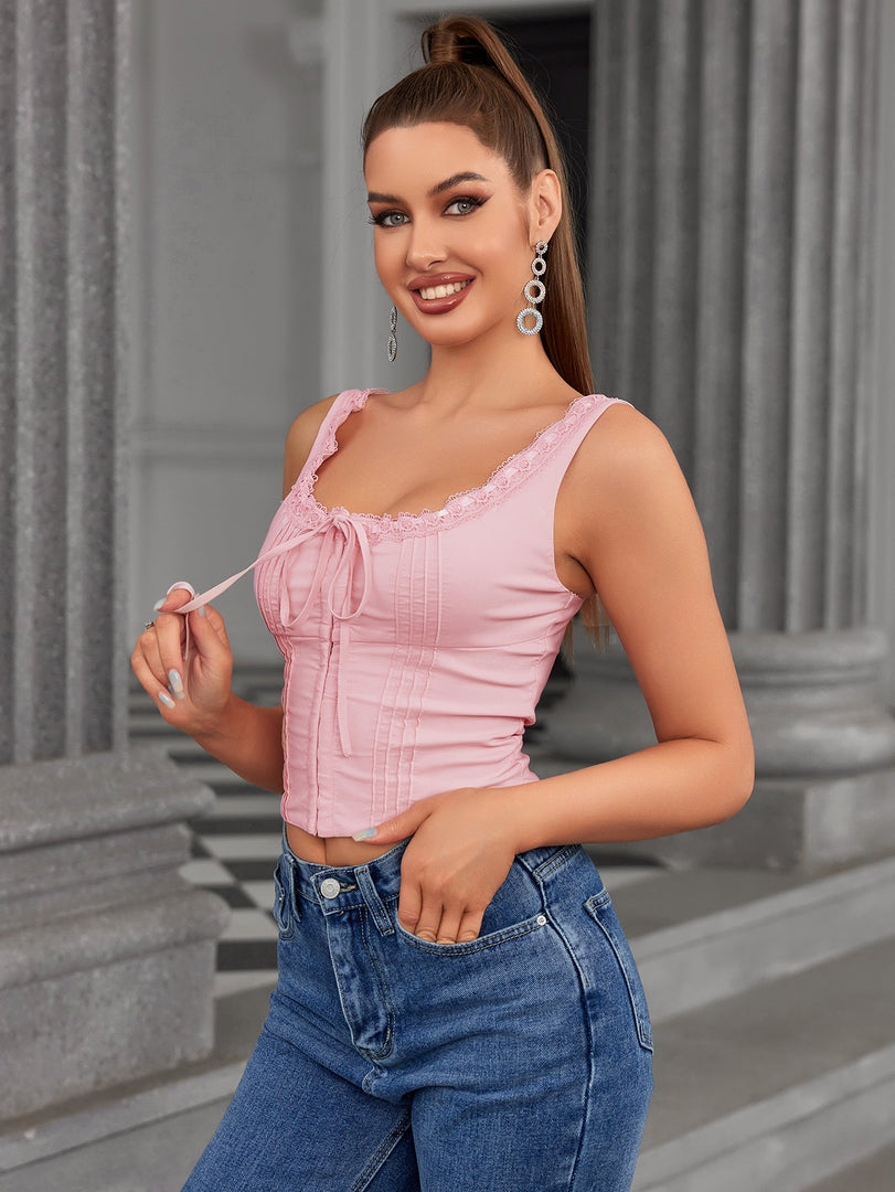 Lace Trim Tie Front Pleat Tank Top | Formal Event Top