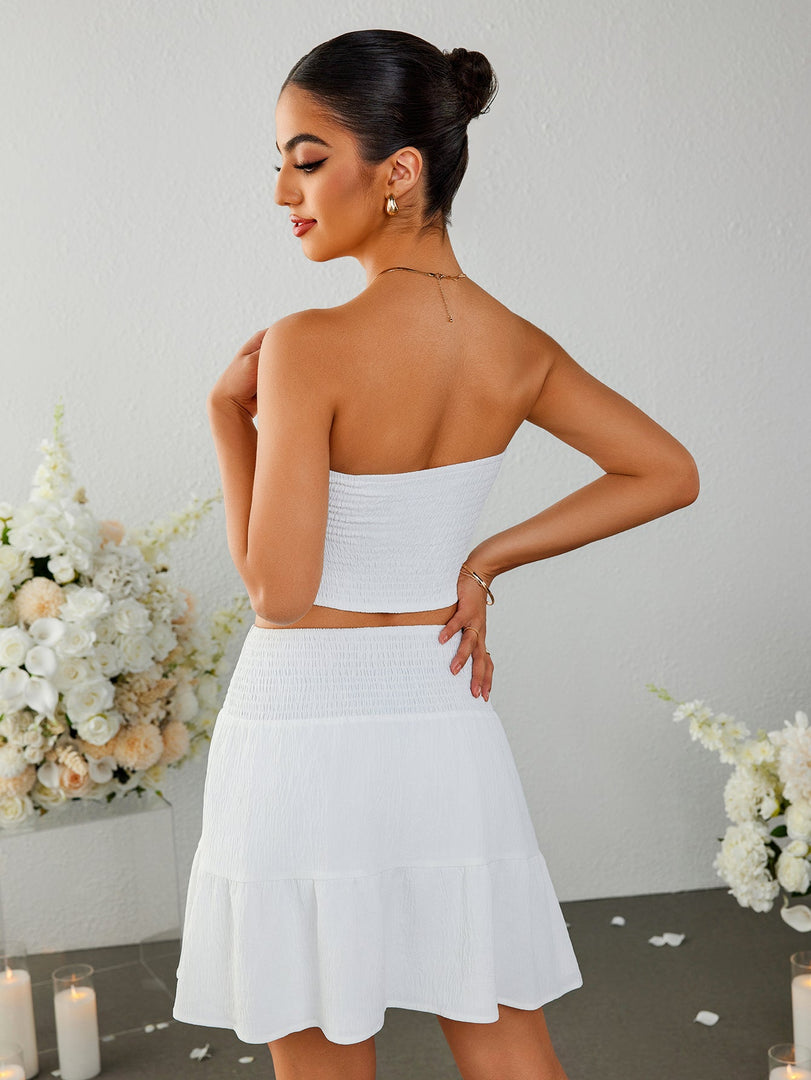 Lace Trim Tie Front Ruffle Tube Top&Ruffle Flared Hem Skirt | Vacation Two-Piece Set