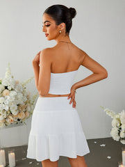 Lace Trim Tie Front Ruffle Tube Top&Ruffle Flared Hem Skirt | Vacation Two-Piece Set
