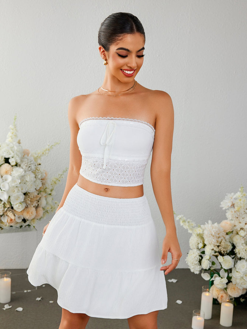 Lace Trim Tie Front Ruffle Tube Top&Ruffle Flared Hem Skirt | Vacation Two-Piece Set