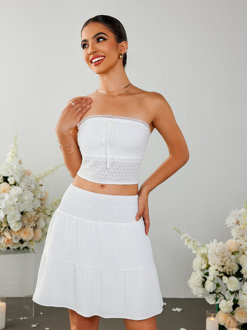 Lace Trim Tie Front Ruffle Tube Top&Ruffle Flared Hem Skirt | Vacation Two-Piece Set